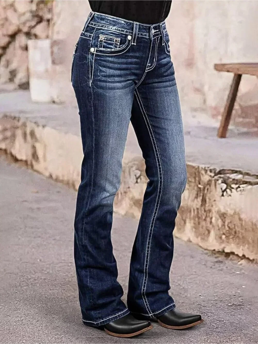 Women's Dark Indigo Blue Pull On Mid Rise Flare Leg Zipper Lifting Bootcut Jeans